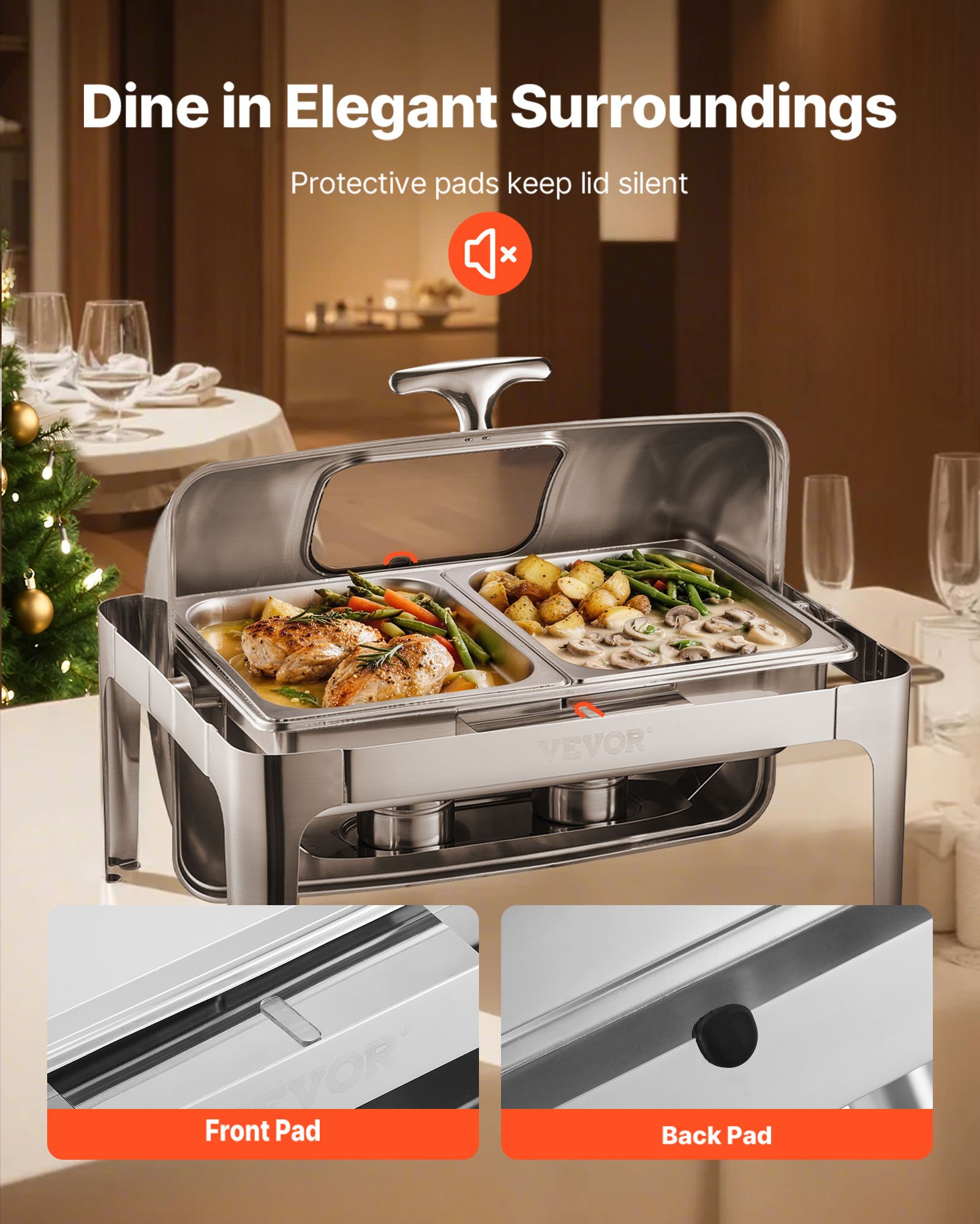 VEVOR Roll Top Chafing Dish Buffet Complete Set, 9 Qt 1 Pack Stainless Steel Chafer with 2 Half Size Pans, Rectangle Catering Warmer Server with Visible Lid Water Pan Folding Stand Fuel Holder, Silver