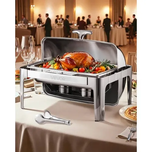 VEVOR Roll Top Chafing Dish Buffet Complete Set, 9Qt Stainless Steel Chafer with Full Size Pan, Rectangle Catering Warmer Server with Lid Water Pan Folding Stand Fuel Holder Meal Clip, Silver