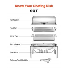 9Qt Rectangle Roll Top Chafing Dish Set with Full-Size Pan Stainless Steel