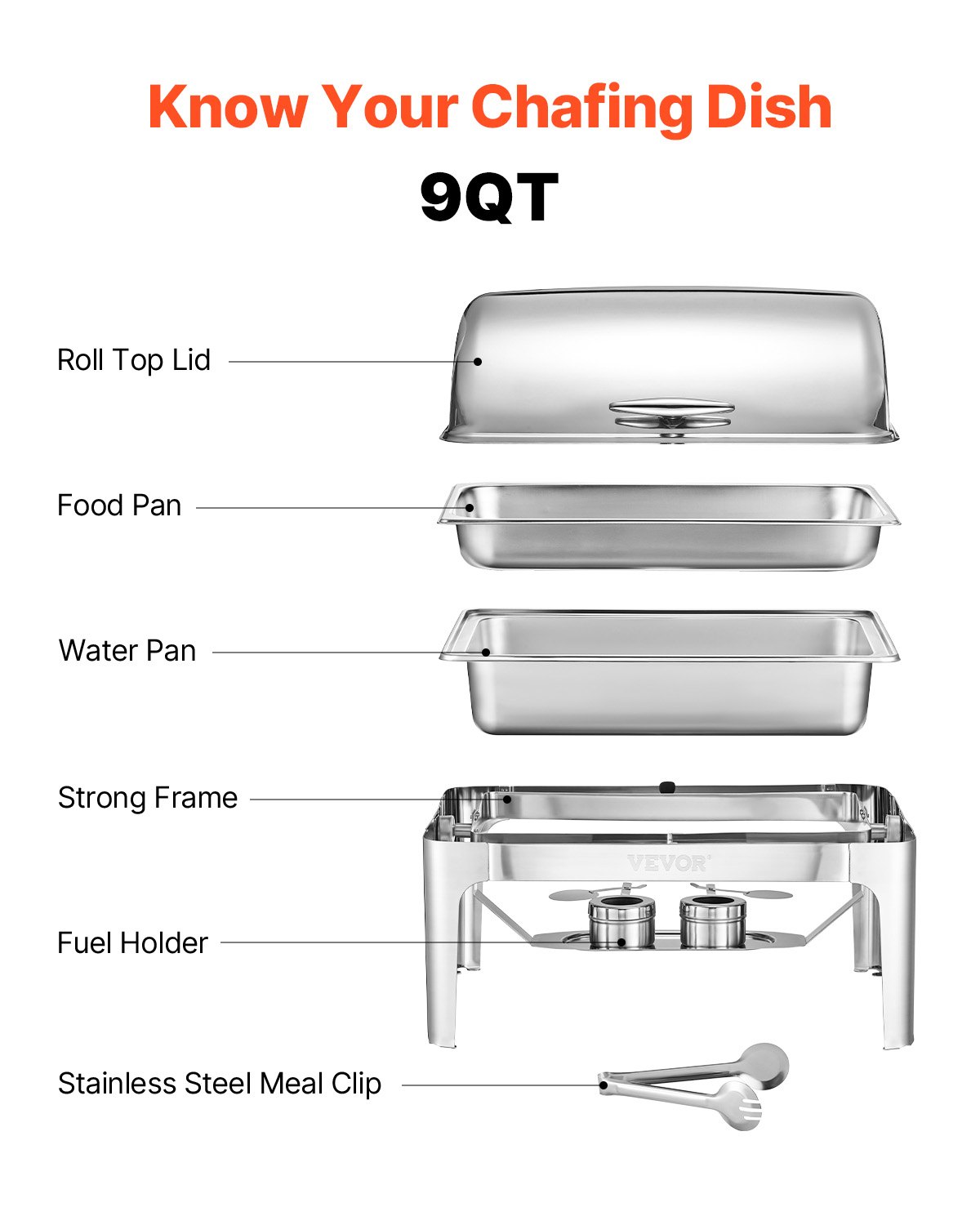 VEVOR Roll Top Chafing Dish Buffet Complete Set, 9Qt Stainless Steel Chafer with Full Size Pan, Rectangle Catering Warmer Server with Lid Water Pan Folding Stand Fuel Holder Meal Clip, Silver