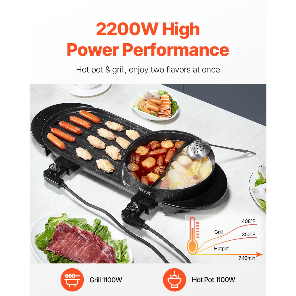 VEVOR Hot Pot with Grill, 2200W 2-in-1 Electric Smokeless Grill and Hot Pot, Korean BBQ Shabu Shabu Hotpot with Separate Dual Temperature Control, Non-stick Pan, for 1-6 People Family Dinning