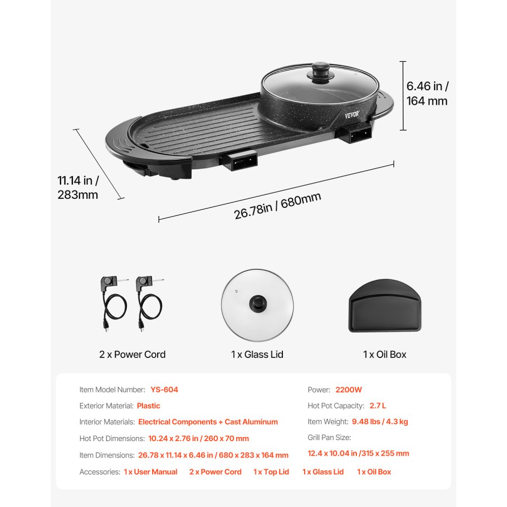 VEVOR Hot Pot with Grill, 2200W 2-in-1 Electric Smokeless Grill and Hot Pot, Korean BBQ Shabu Shabu Hotpot with Separate Dual Temperature Control, Non-stick Pan, for 1-6 People Family Dinning