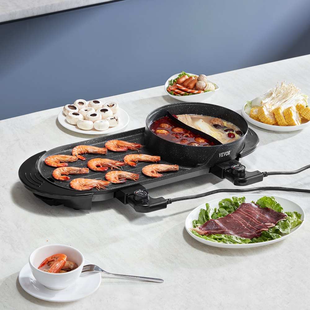 VEVOR Hot Pot with Grill, 2200W 2-in-1 Electric Smokeless Grill and Hot Pot, Korean BBQ Shabu Shabu Hotpot with Separate Dual Temperature Control, Non-stick Pan, for 1-6 People Family Dinning