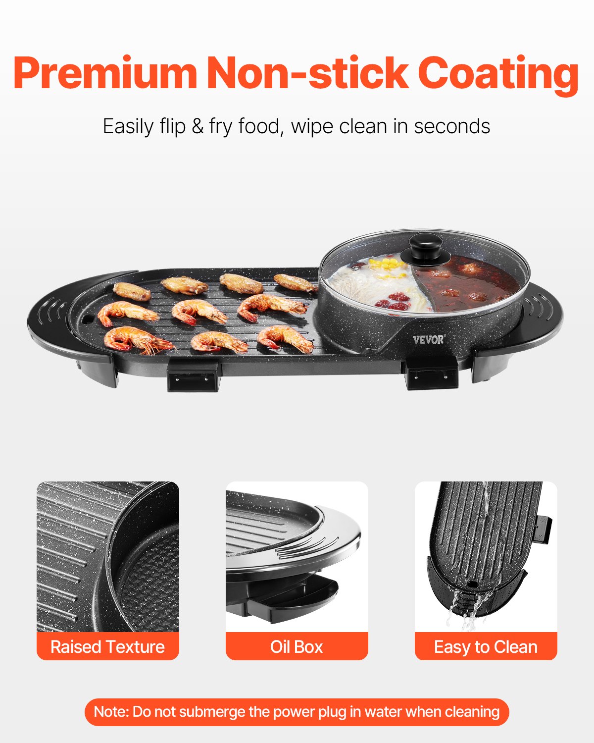VEVOR Hot Pot with Grill, 2200W 2-in-1 Electric Smokeless Grill and Hot Pot, Korean BBQ Shabu Shabu Hotpot with Separate Dual Temperature Control, Non-stick Pan, for 1-6 People Family Dinning