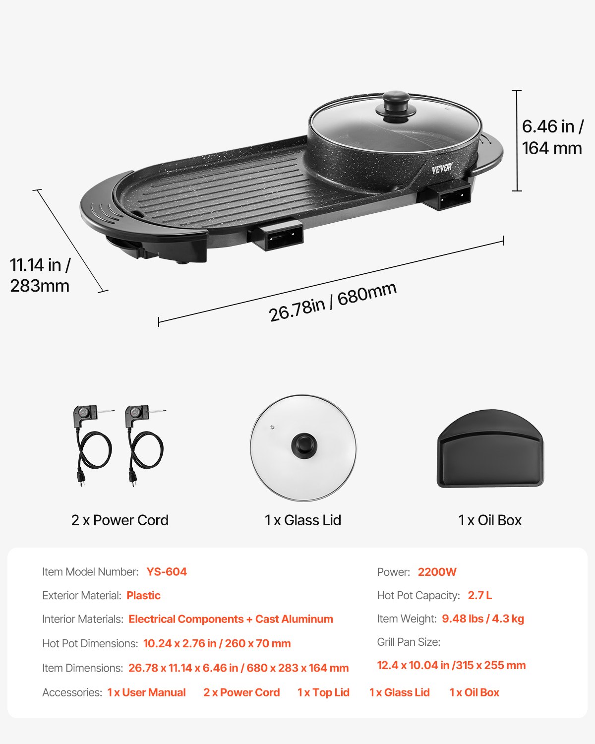 VEVOR Hot Pot with Grill, 2200W 2-in-1 Electric Smokeless Grill and Hot Pot, Korean BBQ Shabu Shabu Hotpot with Separate Dual Temperature Control, Non-stick Pan, for 1-6 People Family Dinning