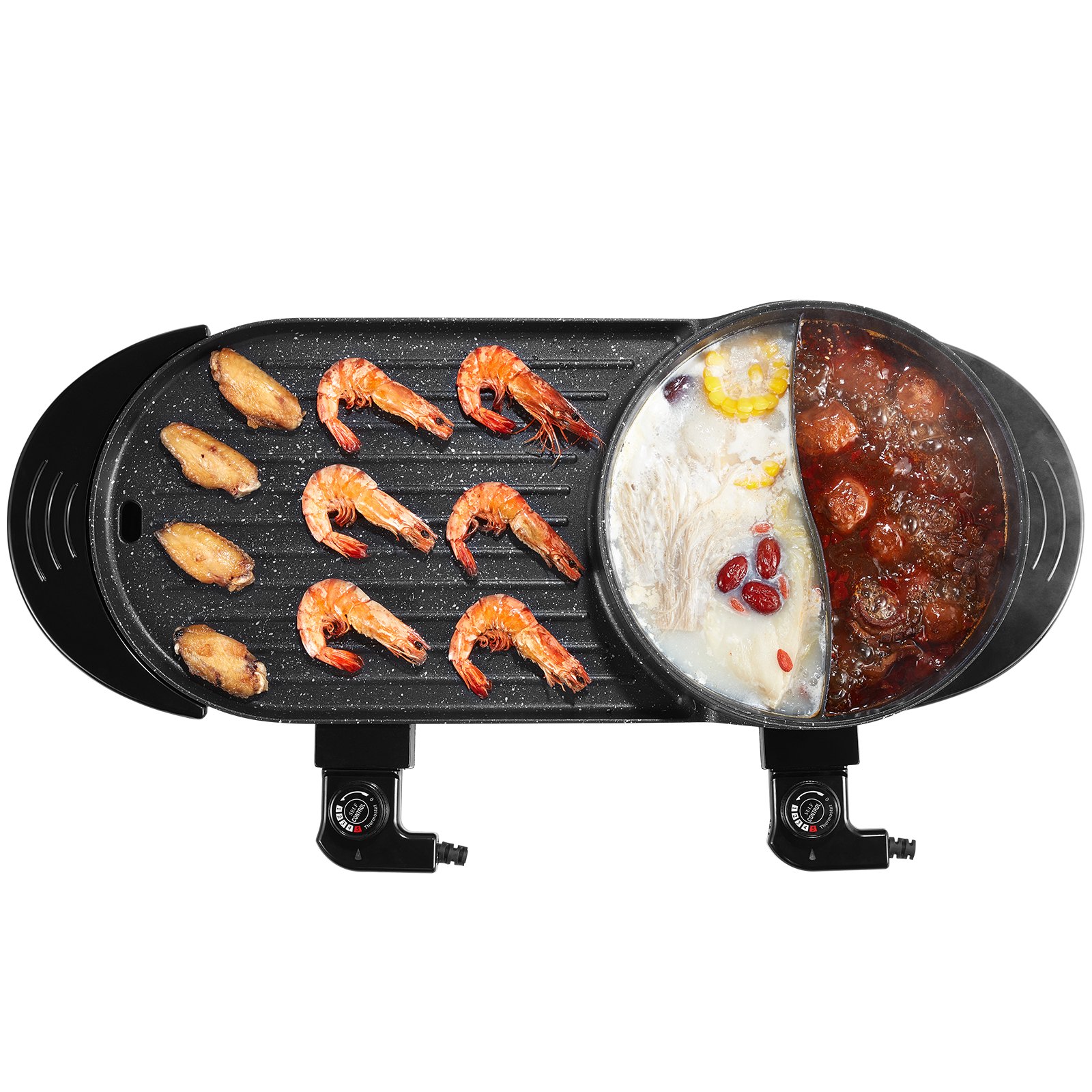 VEVOR Hot Pot with Grill, 2200W 2-in-1 Electric Smokeless Grill and Hot Pot, Korean BBQ Shabu Shabu Hotpot with Separate Dual Temperature Control, Non-stick Pan, for 1-6 People Family Dinning