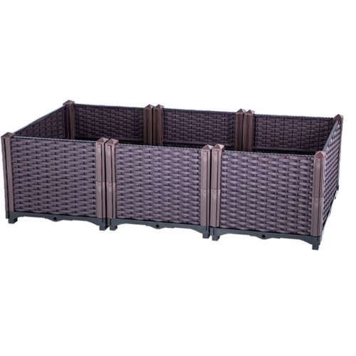 VEVOR Plastic Raised Garden Bed, 14.5" H Flower Box Kit, Brown Rattan Style Grow Planter Care Box, Set of 3 Raised Garden Planter, Self-Watering Elevated Herb Planter, Raised Garden Beds in/Outdoor