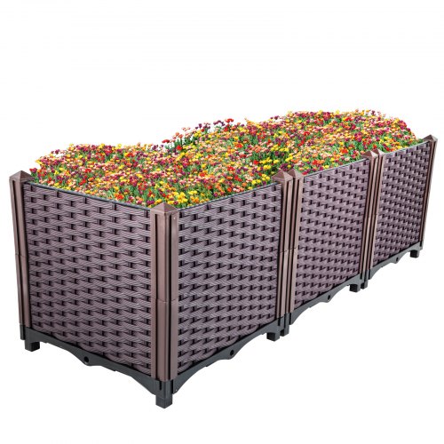 VEVOR Plastic Raised Garden Bed, 14.5" H Flower Box Kit, Brown Rattan Style Grow Planter Care Box, Set of 3 Raised Garden Planter, Self-Watering Elevated Herb Planter, Raised Garden Beds in/Outdoor