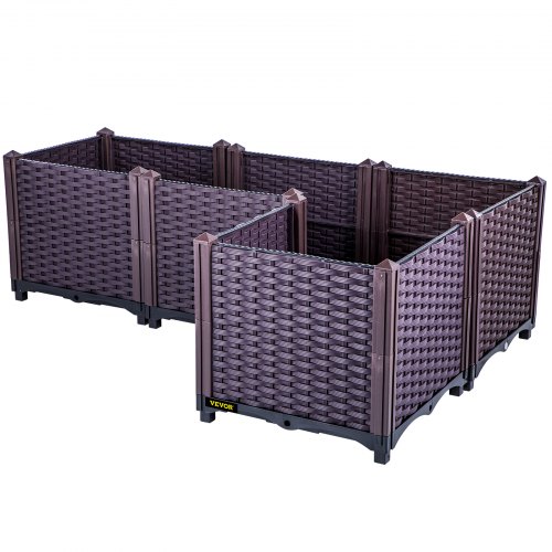 VEVOR Plastic Raised Garden Bed, 14.5H Flower Box Kit, Brown Rattan Style Grow Planter Care Box, Set of 4 Raised Garden Planter, Self-Watering Elevated Herb Planter, Raised Garden Beds in/Outdoor