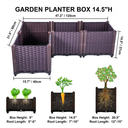 VEVOR Plastic Raised Garden Bed, 14.5H Flower Box Kit, Brown Rattan Style Grow Planter Care Box, Set of 4 Raised Garden Planter, Self-Watering Elevated Herb Planter, Raised Garden Beds in/Outdoor