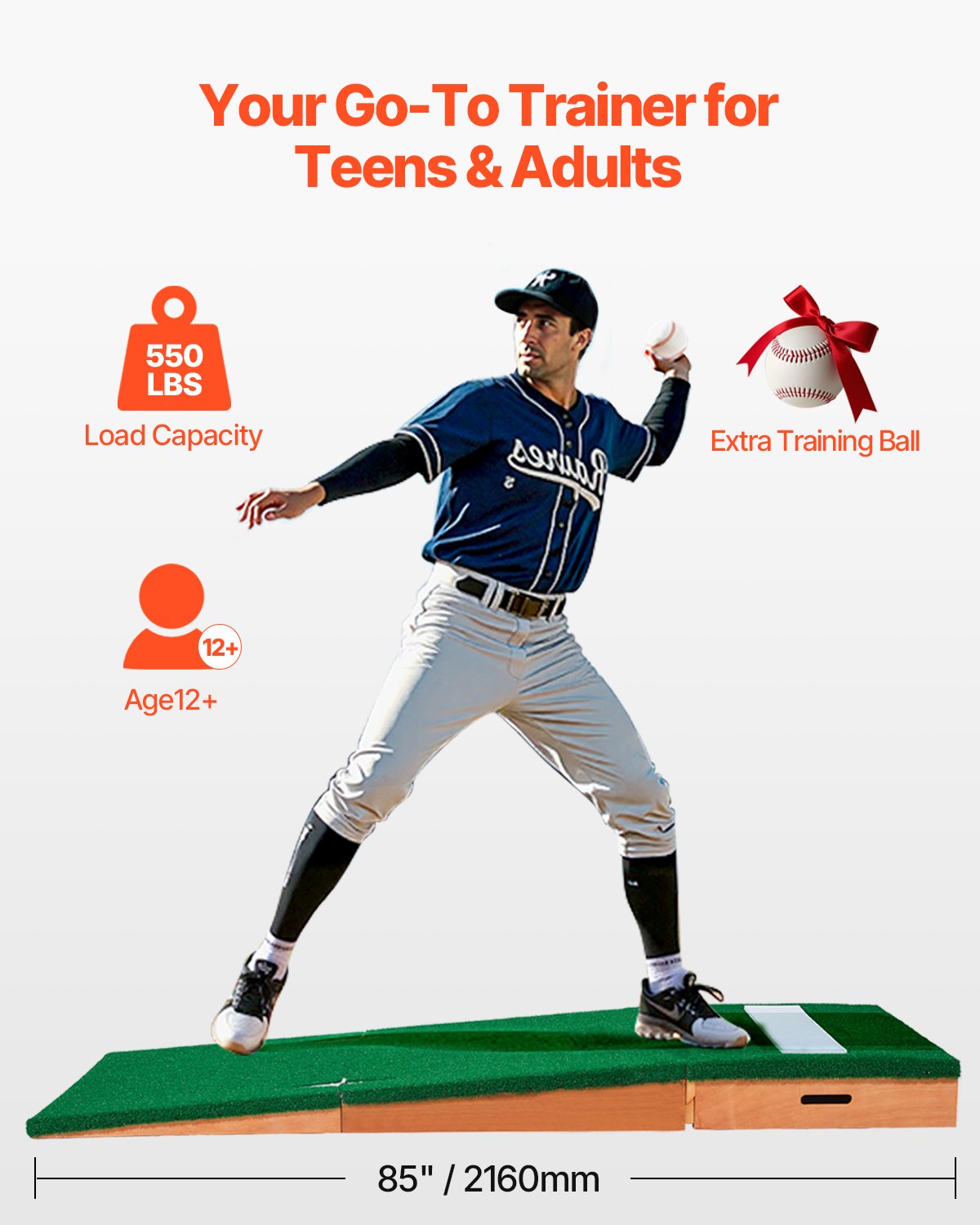 VEVOR Pitching Mound, Portable Baseball Pitcher's Mound, 85 in Indoor Outdoor Pitching Practice and Training Equipment, Softball Pitching Aids with Antifade Turf, Pitching Rubber, Adjustable Base