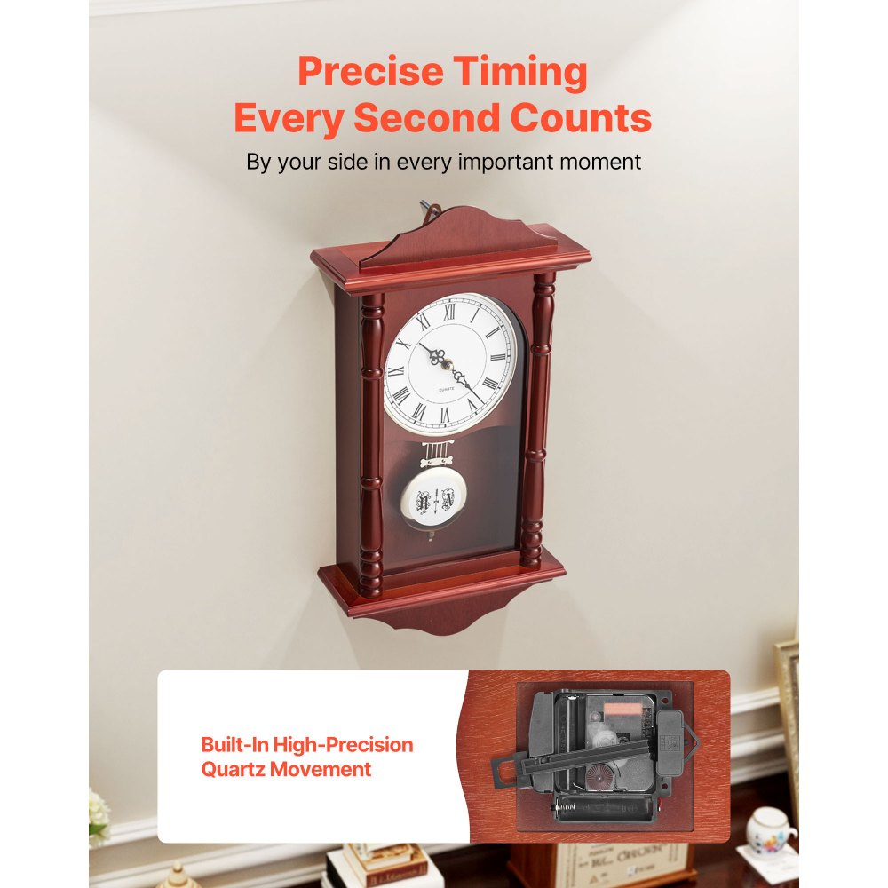 VEVOR Grandfather Clock, 457.2 mm Classic Vintage Pendulum Clock, Pine Wood & MDF Wall Clocks with Quartz Movement and Quiet Design, for Living Room, Bedroom, Home Decor & Gift (Cherry Tone Finish)