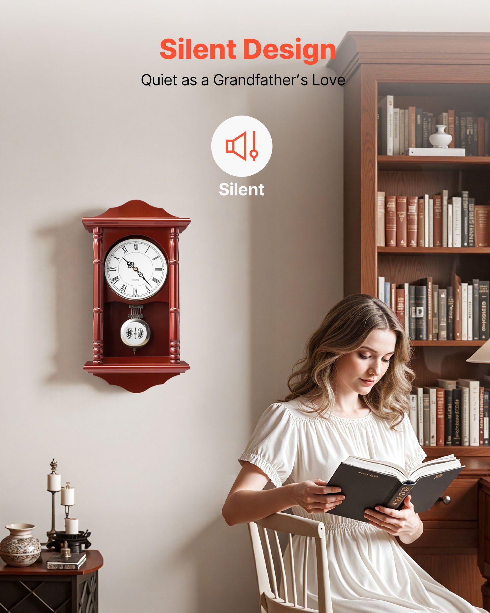 VEVOR Grandfather Clock, 457.2 mm Classic Vintage Pendulum Clock, Pine Wood & MDF Wall Clocks with Quartz Movement and Quiet Design, for Living Room, Bedroom, Home Decor & Gift (Cherry Tone Finish)