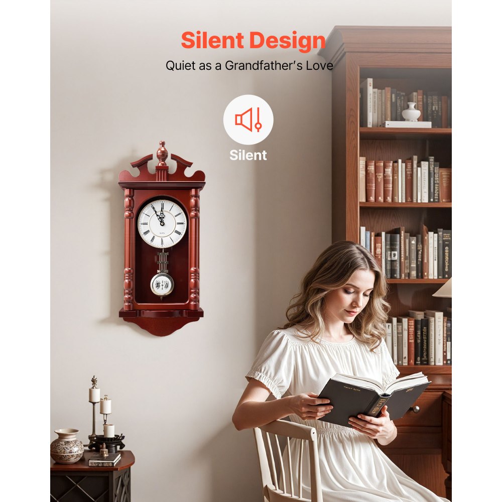 VEVOR Grandfather Clock, 589.3 mm Classic Vintage Pendulum Clock, Pine Wood & MDF Wall Clocks with Quartz Movement and Quiet Design, for Living Room, Bedroom, Home Decor & Gift (Cherry Tone Finish)