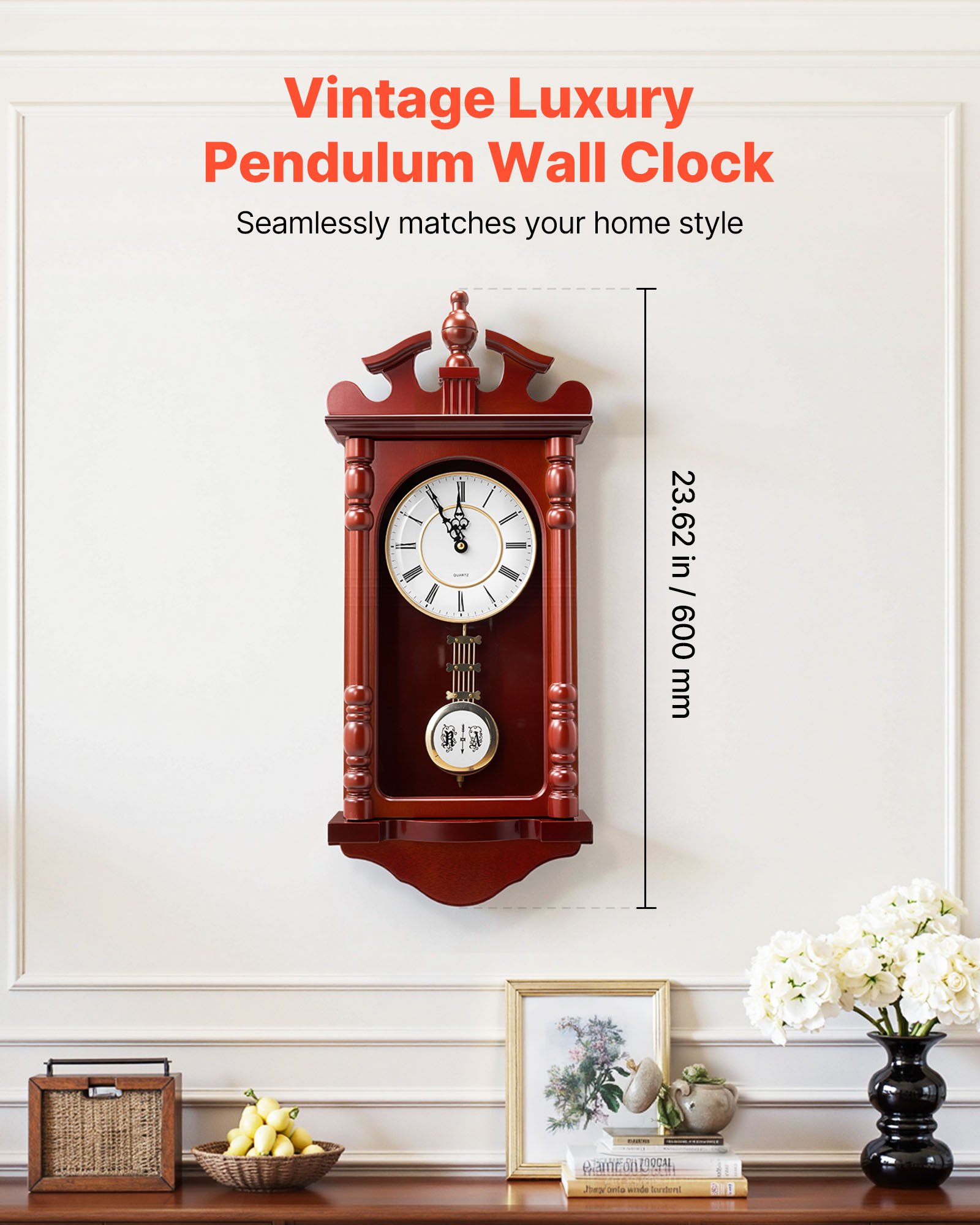 VEVOR Grandfather Clock, 589.3 mm Classic Vintage Pendulum Clock, Pine Wood & MDF Wall Clocks with Quartz Movement and Quiet Design, for Living Room, Bedroom, Home Decor & Gift (Cherry Tone Finish)