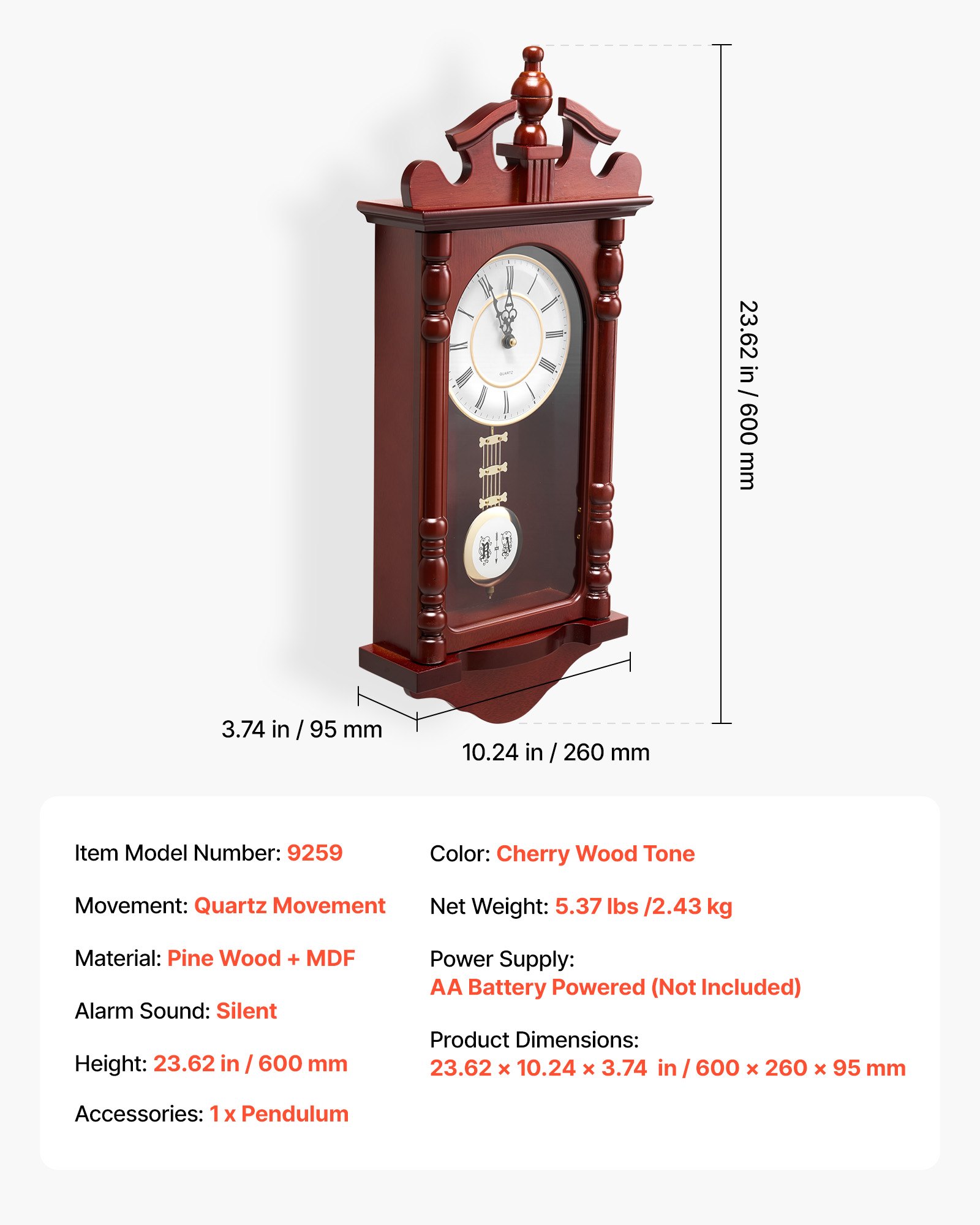VEVOR Grandfather Clock, 589.3 mm Classic Vintage Pendulum Clock, Pine Wood & MDF Wall Clocks with Quartz Movement and Quiet Design, for Living Room, Bedroom, Home Decor & Gift (Cherry Tone Finish)