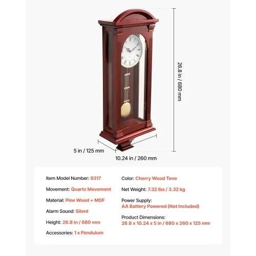 Grandfather Clock Vintage Pendulum Wall Clock 26.7 in with Quartz Movement