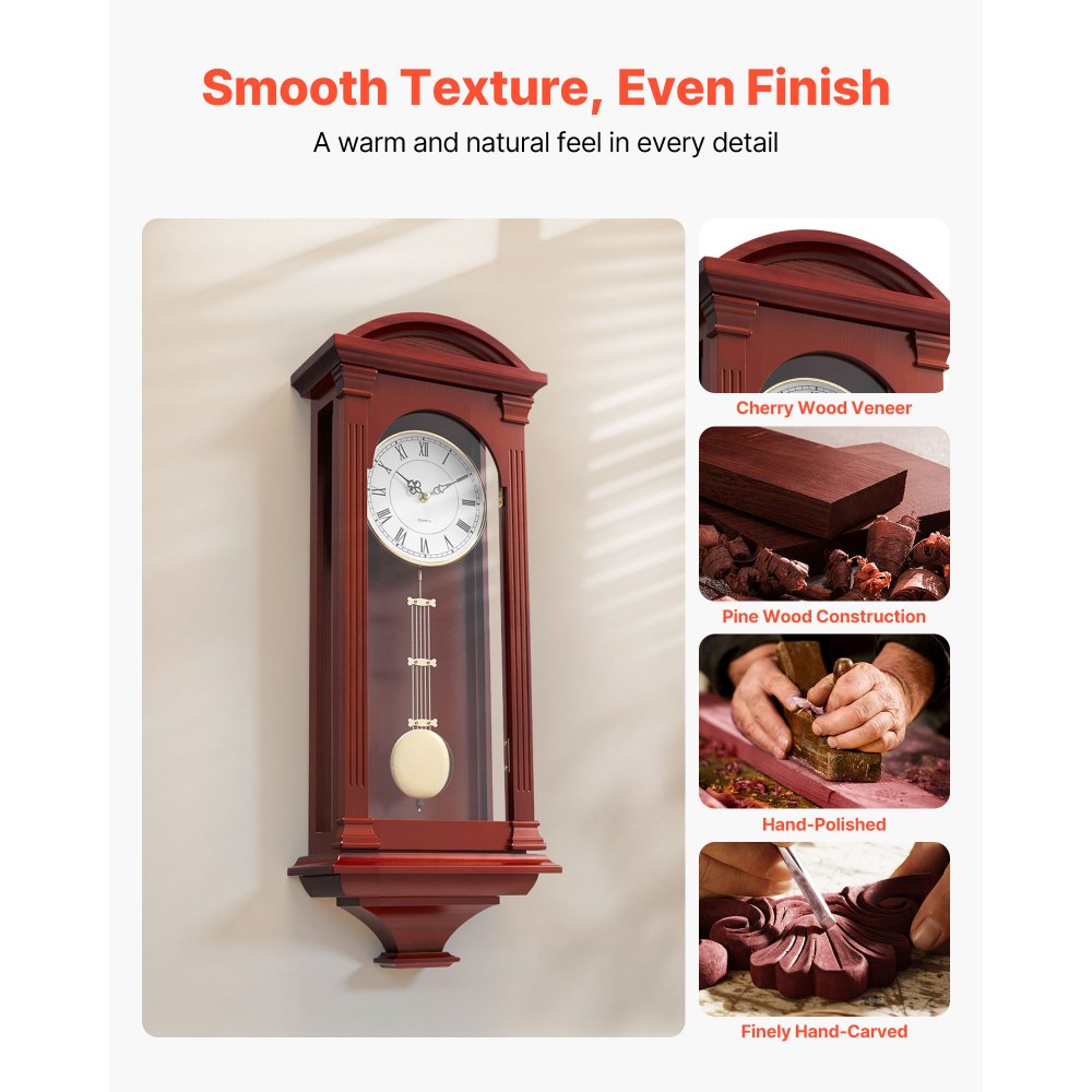VEVOR Grandfather Clock, 678.2 mm Classic Vintage Pendulum Clock, Pine Wood & MDF Wall Clocks with Quartz Movement and Quiet Design, for Living Room, Bedroom, Home Decor & Gift (Cherry Tone Finish)