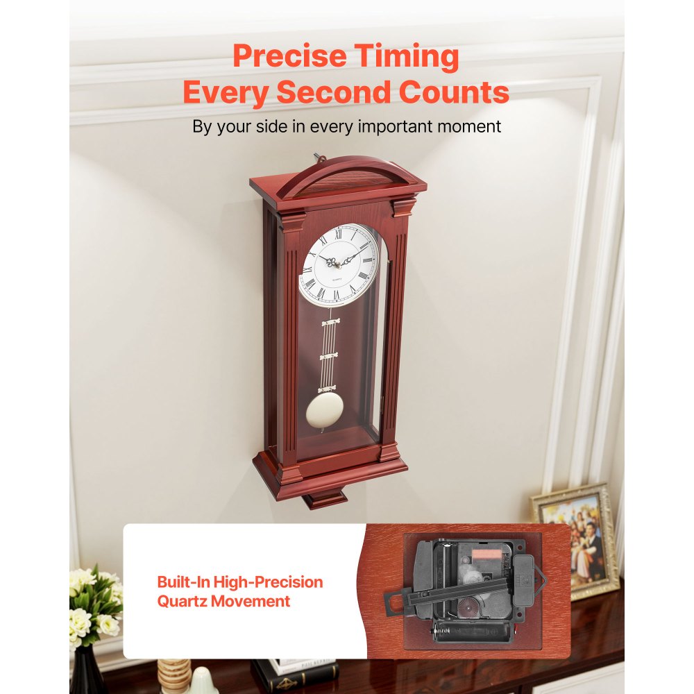 VEVOR Grandfather Clock, 678.2 mm Classic Vintage Pendulum Clock, Pine Wood & MDF Wall Clocks with Quartz Movement and Quiet Design, for Living Room, Bedroom, Home Decor & Gift (Cherry Tone Finish)