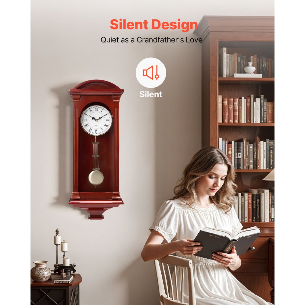 VEVOR Grandfather Clock, 678.2 mm Classic Vintage Pendulum Clock, Pine Wood & MDF Wall Clocks with Quartz Movement and Quiet Design, for Living Room, Bedroom, Home Decor & Gift (Cherry Tone Finish)