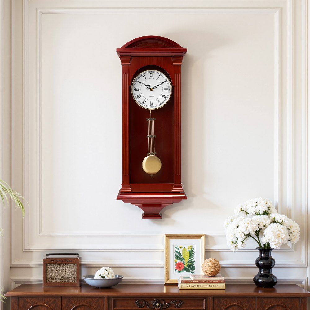 VEVOR Grandfather Clock, 678.2 mm Classic Vintage Pendulum Clock, Pine Wood & MDF Wall Clocks with Quartz Movement and Quiet Design, for Living Room, Bedroom, Home Decor & Gift (Cherry Tone Finish)