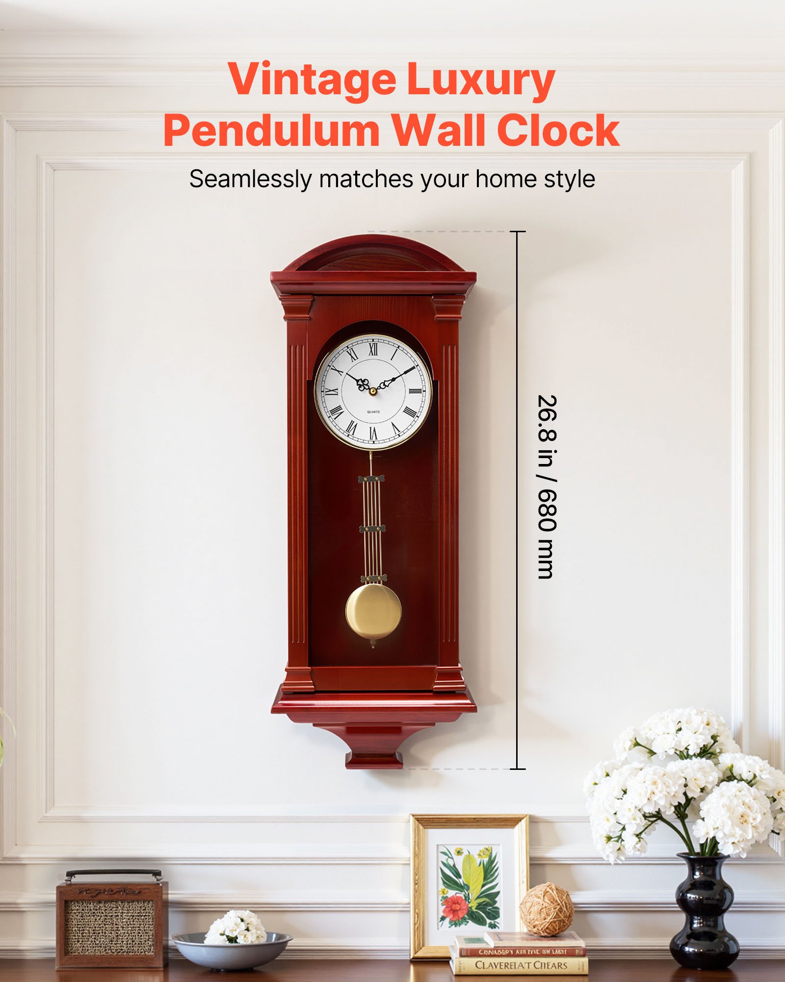 VEVOR Grandfather Clock, 678.2 mm Classic Vintage Pendulum Clock, Pine Wood & MDF Wall Clocks with Quartz Movement and Quiet Design, for Living Room, Bedroom, Home Decor & Gift (Cherry Tone Finish)