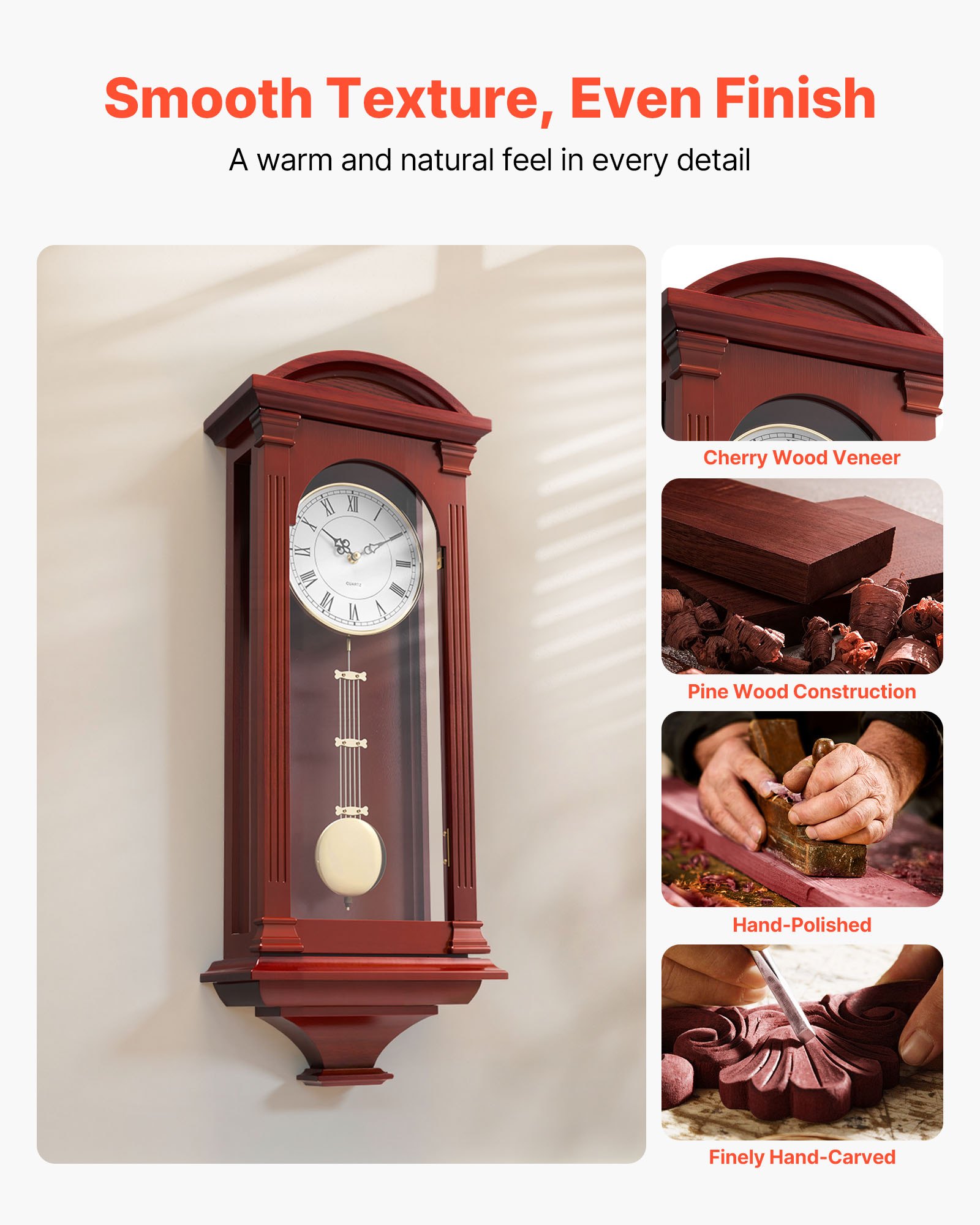 VEVOR Grandfather Clock, 678.2 mm Classic Vintage Pendulum Clock, Pine Wood & MDF Wall Clocks with Quartz Movement and Quiet Design, for Living Room, Bedroom, Home Decor & Gift (Cherry Tone Finish)