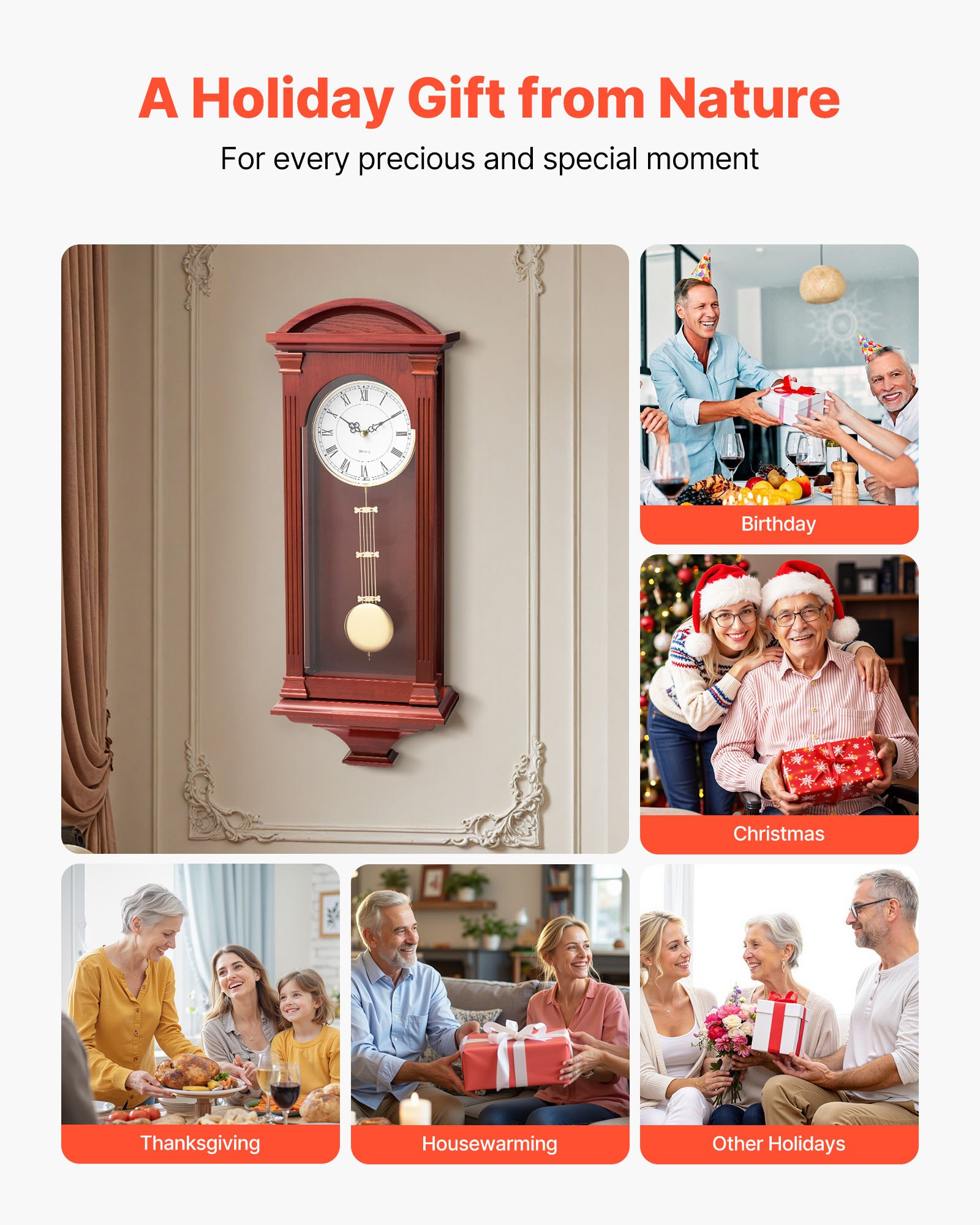 VEVOR Grandfather Clock, 678.2 mm Classic Vintage Pendulum Clock, Pine Wood & MDF Wall Clocks with Quartz Movement and Quiet Design, for Living Room, Bedroom, Home Decor & Gift (Cherry Tone Finish)