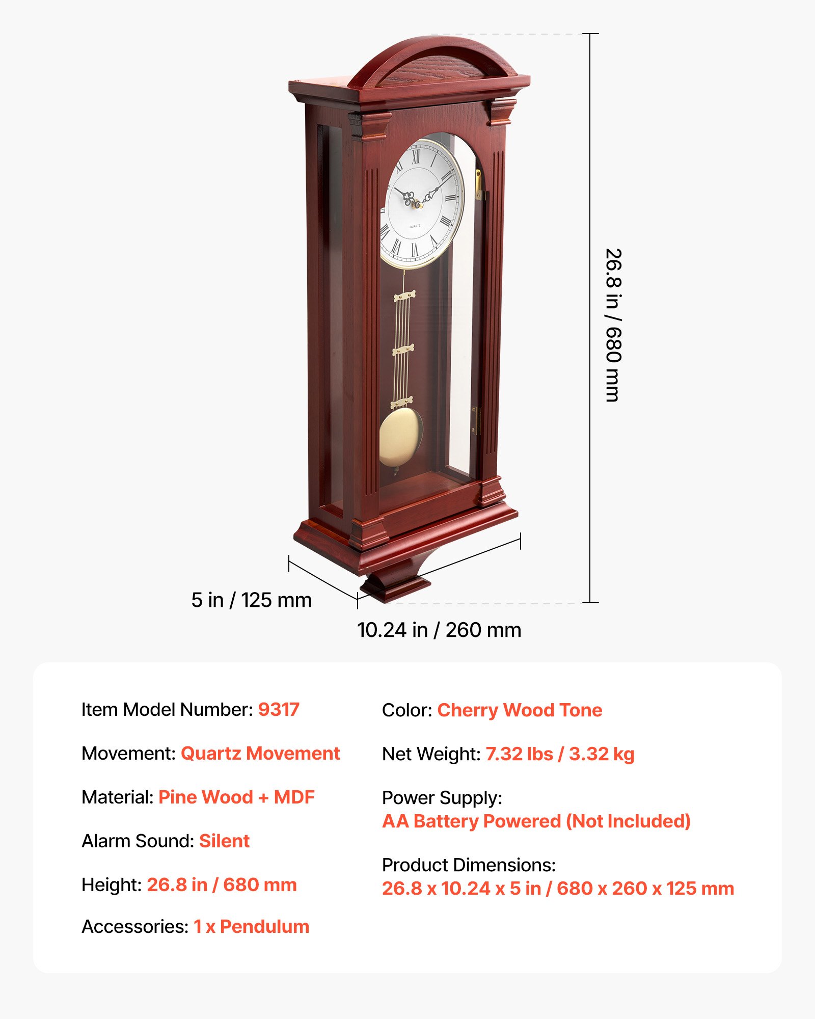 VEVOR Grandfather Clock, 678.2 mm Classic Vintage Pendulum Clock, Pine Wood & MDF Wall Clocks with Quartz Movement and Quiet Design, for Living Room, Bedroom, Home Decor & Gift (Cherry Tone Finish)