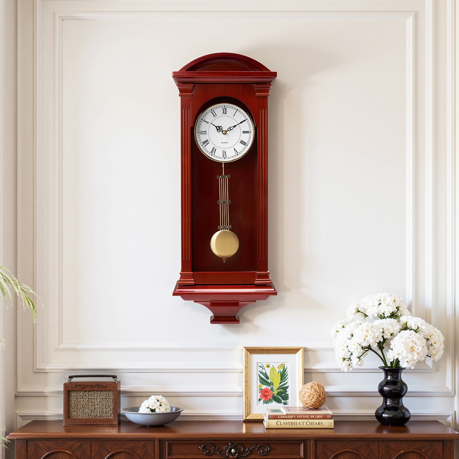VEVOR Grandfather Clock, 678.2 mm Classic Vintage Pendulum Clock, Pine Wood & MDF Wall Clocks with Quartz Movement and Quiet Design, for Living Room, Bedroom, Home Decor & Gift (Cherry Tone Finish)