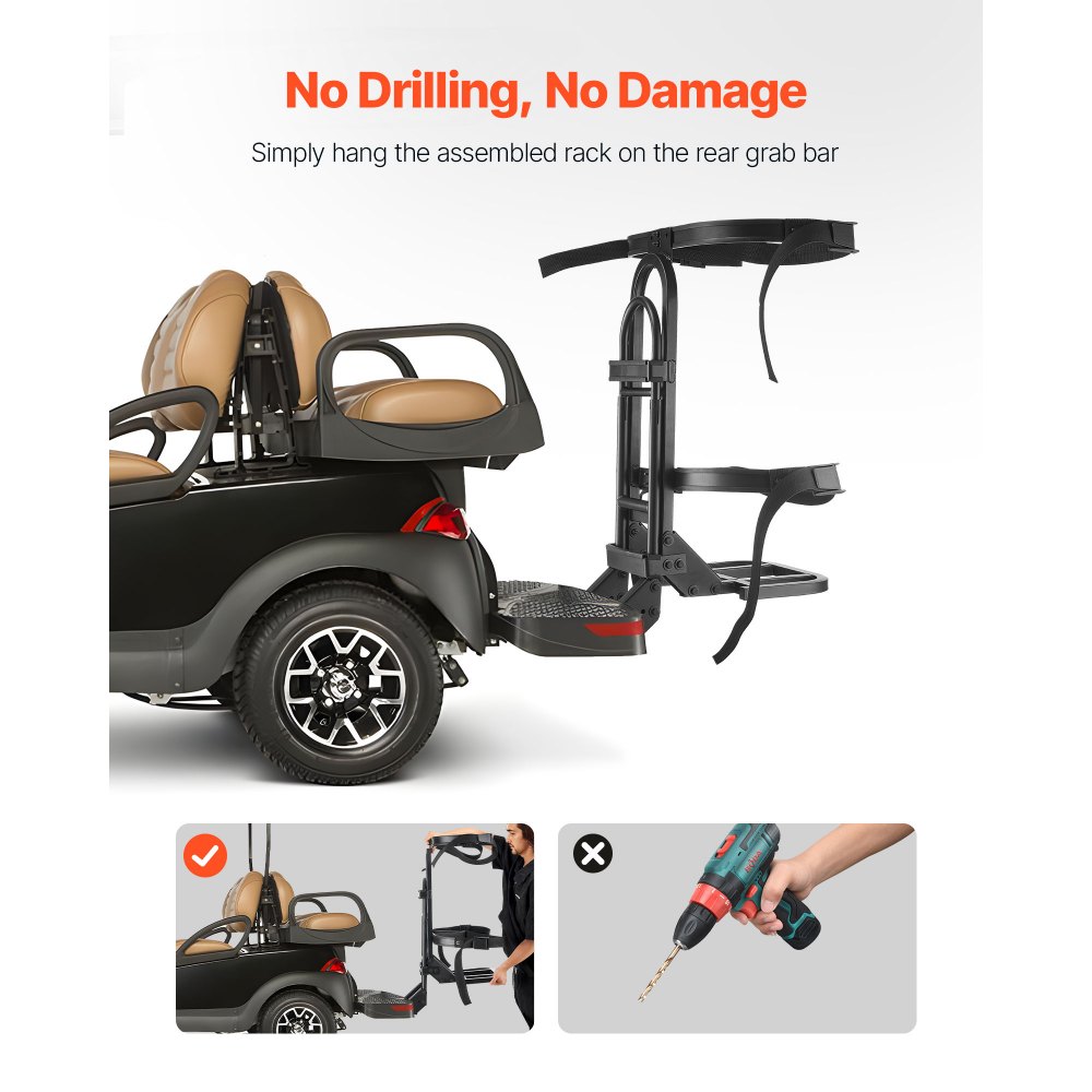 VEVOR Golf Cart Rear Seat Bag Holder, 688 x 395 x 755 mm, Compatible with Most Golf Carts with Rear Seat Grab Bar, Space-Saving Carbon Steel Bag Holder Bracket, No-Drilling Installation, Black