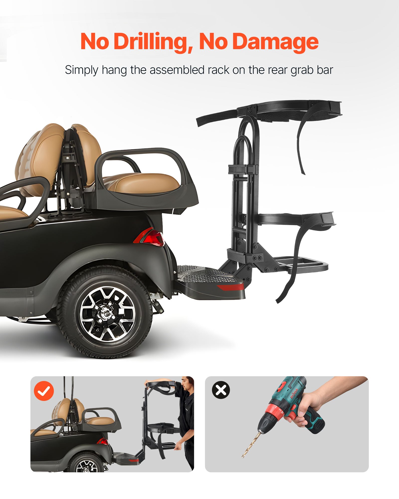 VEVOR Golf Cart Rear Seat Bag Holder, 688 x 395 x 755 mm, Compatible with Most Golf Carts with Rear Seat Grab Bar, Space-Saving Carbon Steel Bag Holder Bracket, No-Drilling Installation, Black