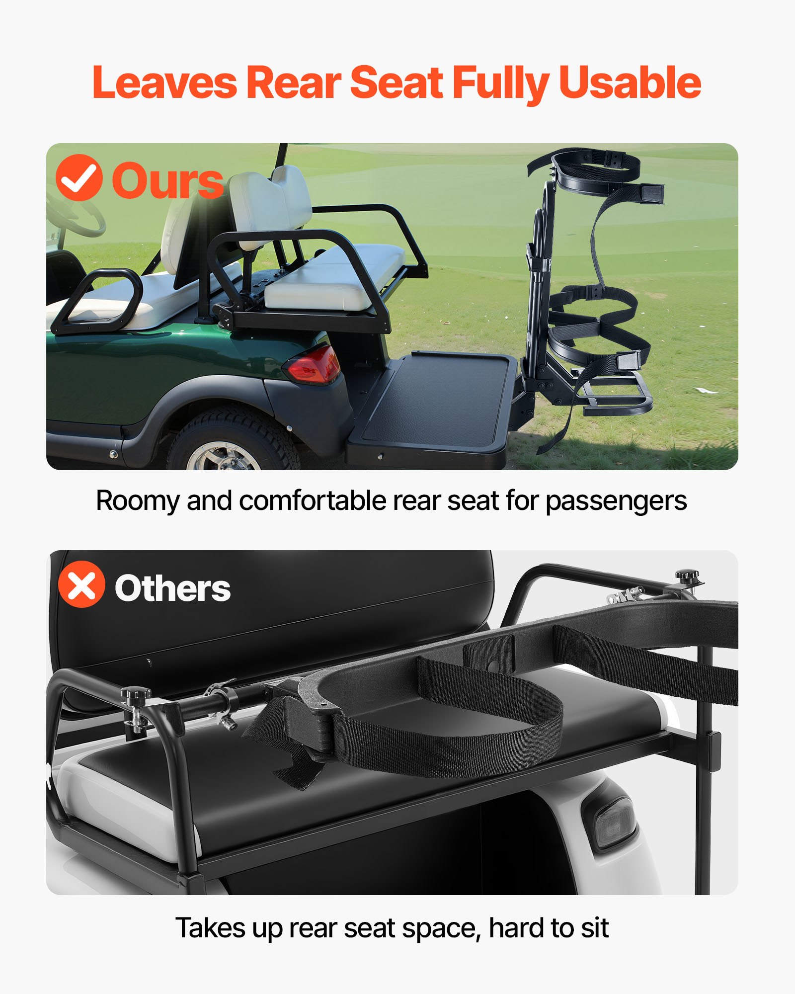 VEVOR Golf Cart Rear Seat Bag Holder, 688 x 395 x 755 mm, Compatible with Most Golf Carts with Rear Seat Grab Bar, Space-Saving Carbon Steel Bag Holder Bracket, No-Drilling Installation, Black