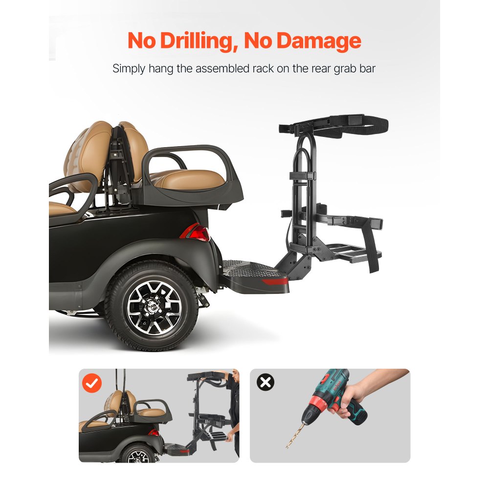 VEVOR Golf Cart Rear Seat Bag Holder, 705 x 410 x 785 mm, Compatible with Most Golf Carts with Rear Seat Grab Bar, Space-Saving Carbon Steel Bag Holder Bracket, No-Drilling Installation, Black