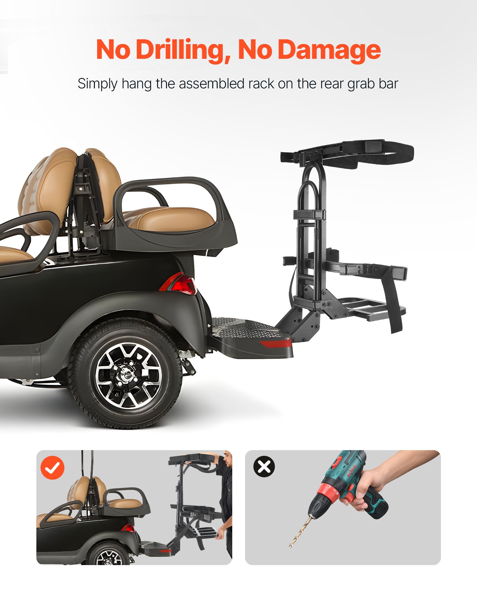 VEVOR Golf Cart Rear Seat Bag Holder, 705 x 410 x 785 mm, Compatible with Most Golf Carts with Rear Seat Grab Bar, Space-Saving Carbon Steel Bag Holder Bracket, No-Drilling Installation, Black