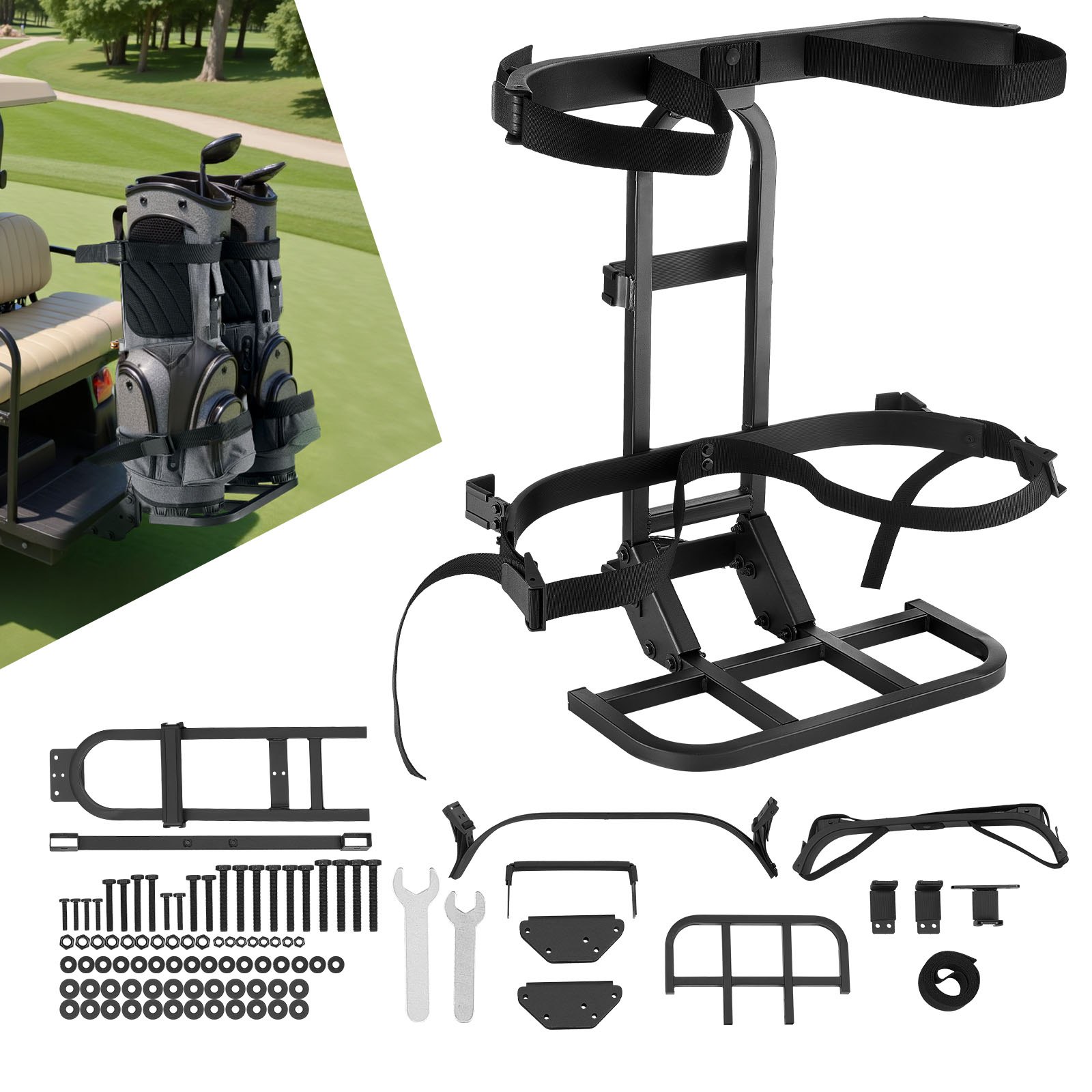 VEVOR Golf Cart Rear Seat Bag Holder, 705 x 410 x 785 mm, Compatible with Most Golf Carts with Rear Seat Grab Bar, Space-Saving Carbon Steel Bag Holder Bracket, No-Drilling Installation, Black