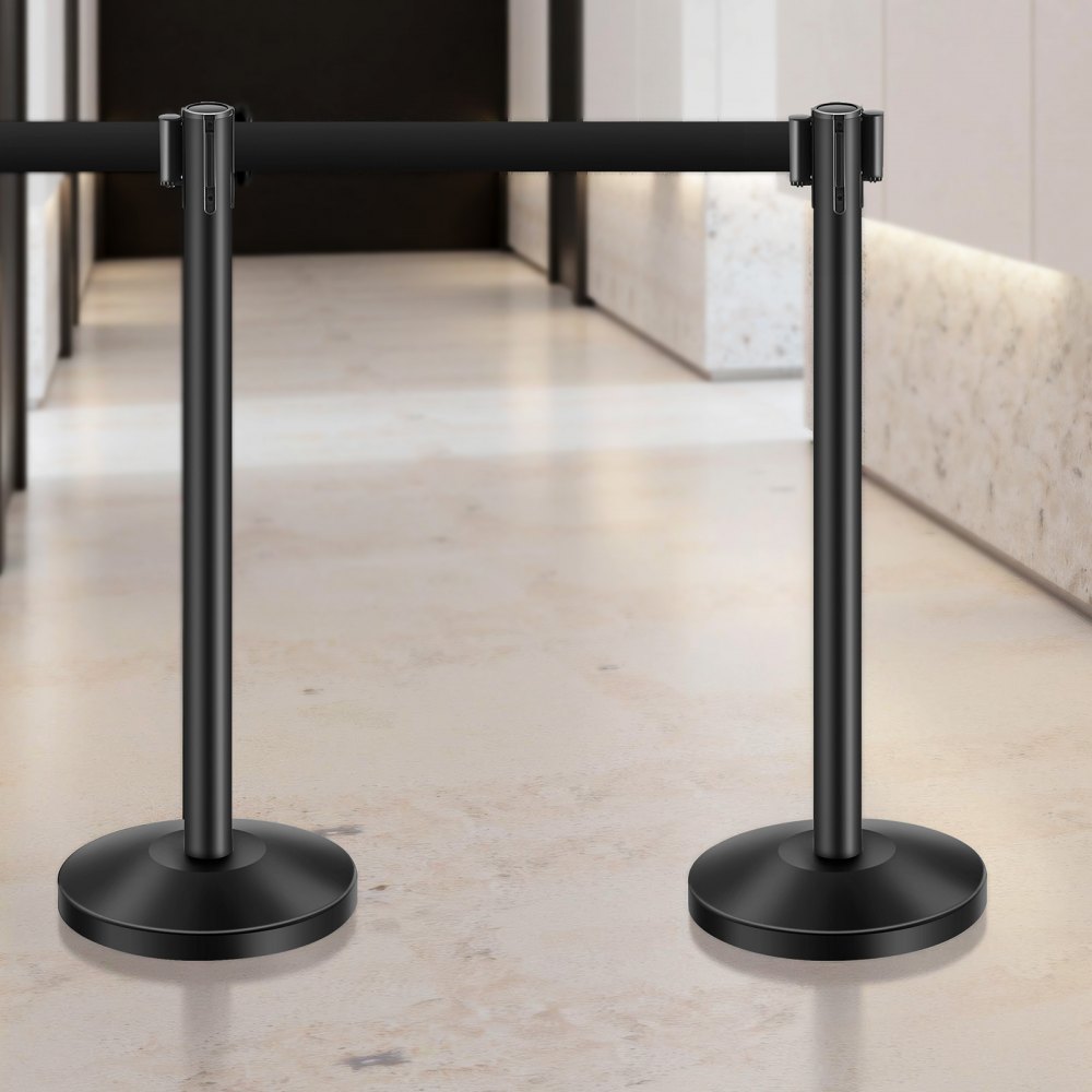 VEVOR Stanchion Post, 6 Pcs Crowd Control Barrier with 6 Retractable Belts, Carbon Steel Black Stanchion Post Queue with Sand Injection Hollow Base for Theaters, Parties, Weddings, Exhibitions, Black
