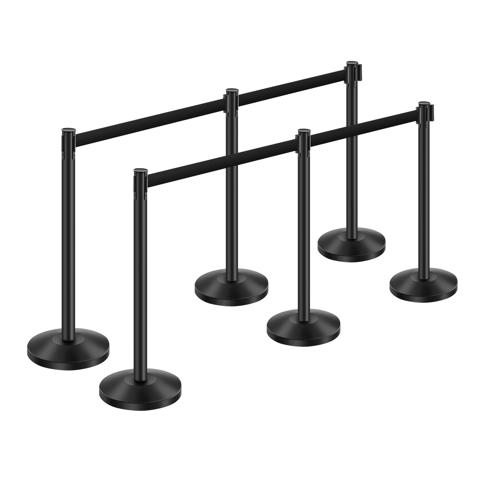 VEVOR Stanchion Post, 6 Pcs Crowd Control Barrier with 6 Retractable Belts, Carbon Steel Black Stanchion Post Queue with Sand Injection Hollow Base for Theaters, Parties, Weddings, Exhibitions, Black