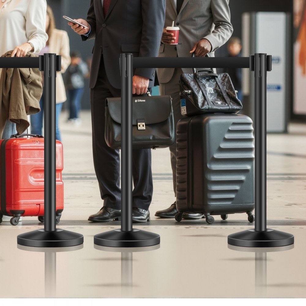 VEVOR Stanchion Post, 4 Pcs Crowd Control Barrier with 4 Retractable Belts, Carbon Steel Black Stanchion Post Queue with Sand Injection Hollow Base for Theaters, Parties, Weddings, Exhibitions, Black