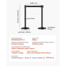 VEVOR Stanchion Post, 4 Pcs Stanchions with Retractable Belts, Carbon Steel Black Stanchions Queue with Sand Injection Hollow Base, Crowd Control Barriers for Theaters, Parties, Weddings, Exhibitions