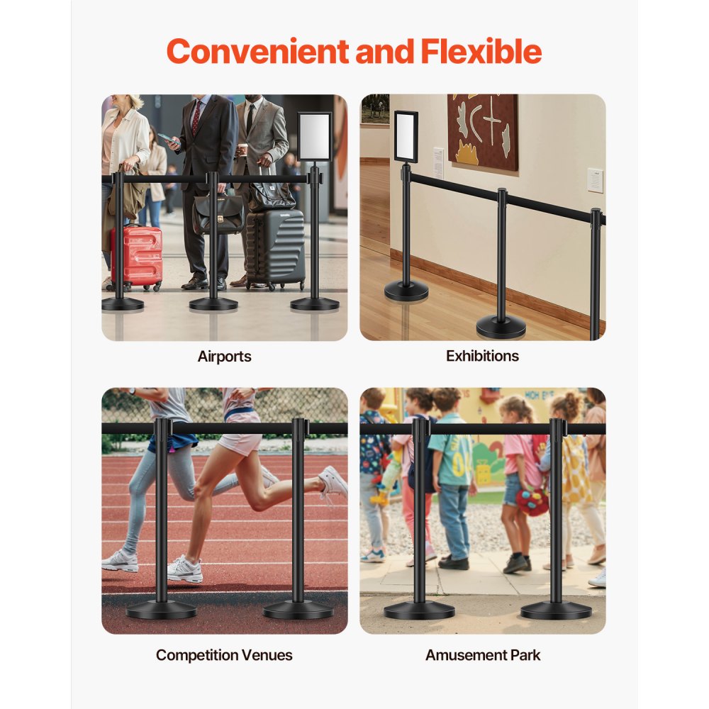 VEVOR Stanchion Post, 8 Pcs Crowd Control Barrier with 8 Retractable Belts & 2 Sign Holders, Carbon Steel Stanchion Post Queue with Sand Injection Hollow Base for Theater, Party, Wedding, Exhibition