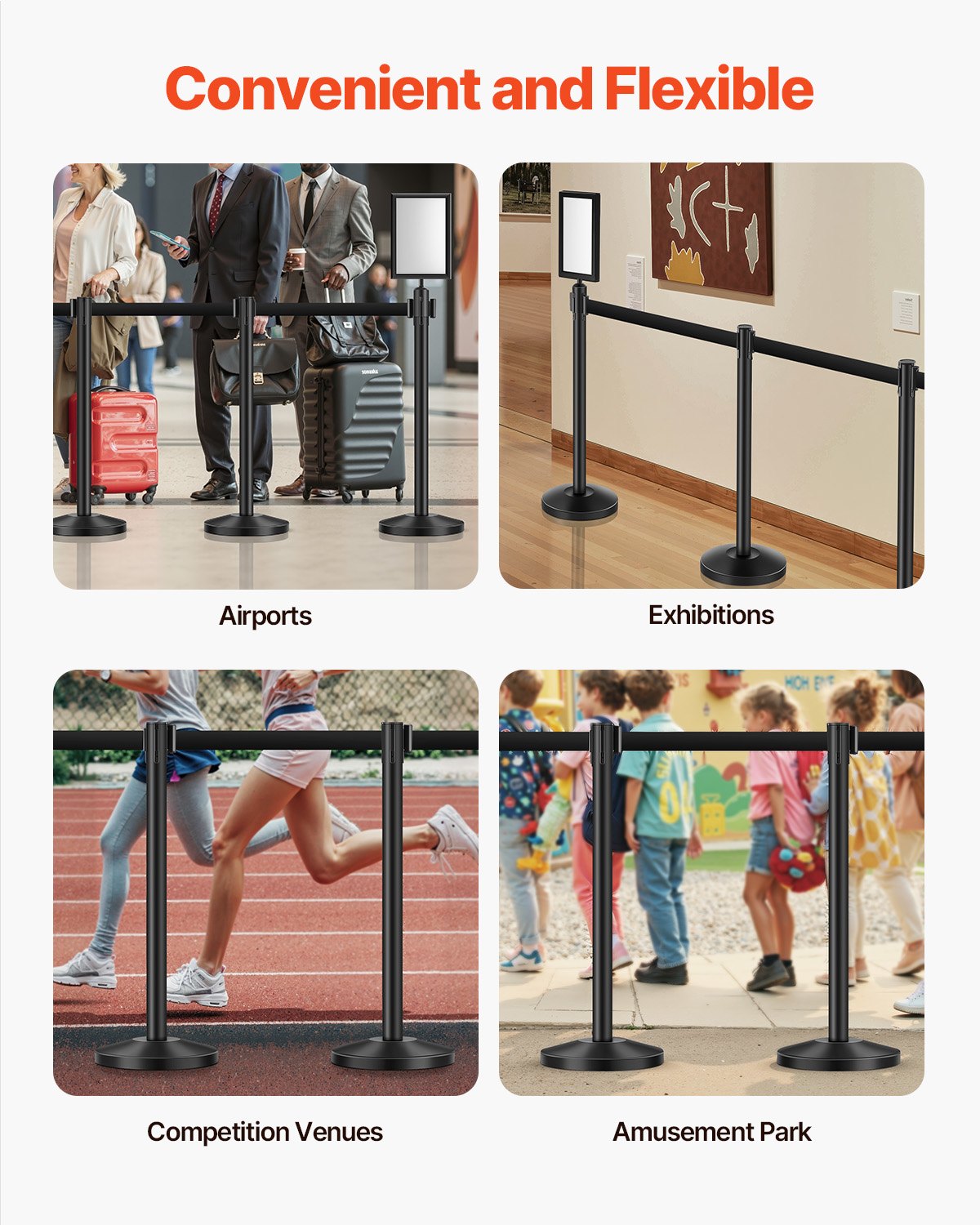 VEVOR Stanchion Post, 8 Pcs Crowd Control Barrier with 8 Retractable Belts & 2 Sign Holders, Carbon Steel Stanchion Post Queue with Sand Injection Hollow Base for Theater, Party, Wedding, Exhibition