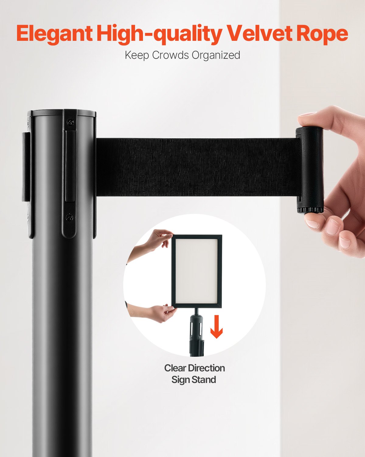 VEVOR Stanchion Post, 8 Pcs Crowd Control Barrier with 8 Retractable Belts & 2 Sign Holders, Carbon Steel Stanchion Post Queue with Sand Injection Hollow Base for Theater, Party, Wedding, Exhibition