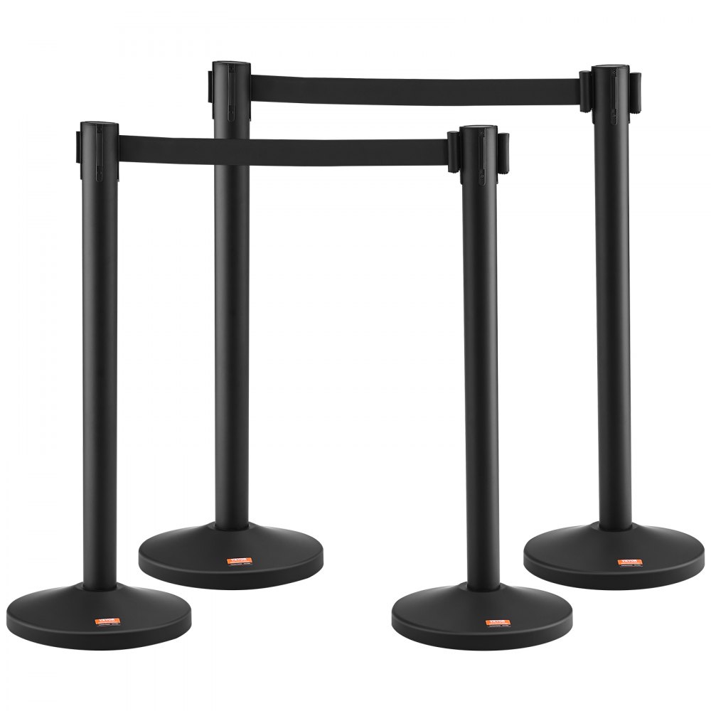 four black VEVOR crowd control stanchions with retractable belts and sturdy round bases.