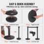 easy assembly of VEVOR crowd control stanchion: install the base, tighten the bolt, install the pole, link the belt.