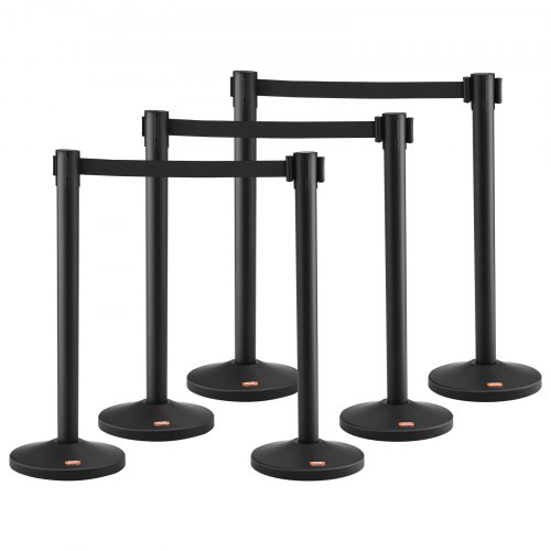 VEVOR Crowd Control Stanchion, 6-Pack Crowd Control Barrier, Carbon Steel Baking Painted Stanchion Queue Post with 3PCS 6.5FT Retractable Belt & Fillable Base, Belt Barrier Line Divider, Easy Assembly