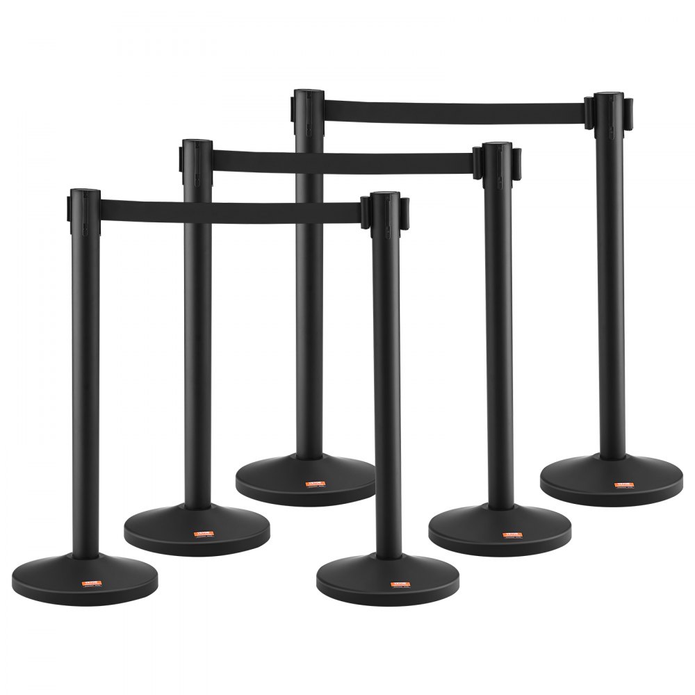 VEVOR crowd control stanchion set with black retractable belts and sturdy bases in a row.