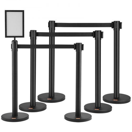 VEVOR Crowd Control Stanchions, 6-Pack Crowd Control Barriers, Carbon Steel Baking Painted Stanchion Queue Post with Sign Holder & 3PCS 6.5FT Retractable Belt, Belt Barrier Line Divider, Easy Assembly