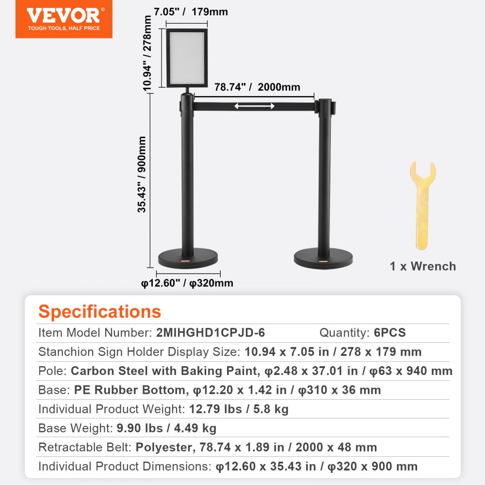 VEVOR Crowd Control Stanchions, 6-Pack Crowd Control Barriers, Carbon Steel Baking Painted Stanchion Queue Post with Sign Holder & 3PCS 6.5FT Retractable Belt, Belt Barrier Line Divider, Easy Assembly