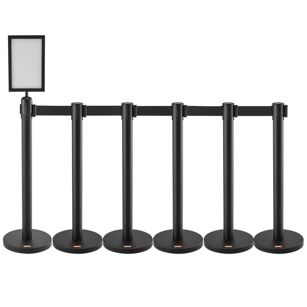 VEVOR Crowd Control Stanchions, 6-Pack Crowd Control Barriers, Carbon Steel Baking Painted Stanchion Queue Post with Sign Holder & 3PCS 6.5FT Retractable Belt, Belt Barrier Line Divider, Easy Assembly